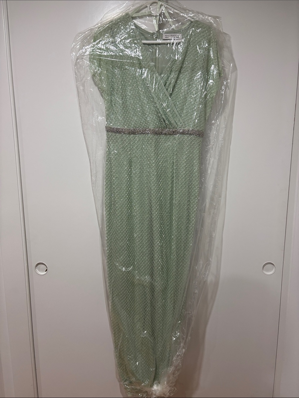 Mac Duggal Sage Green Beaded Waist Evening Gown